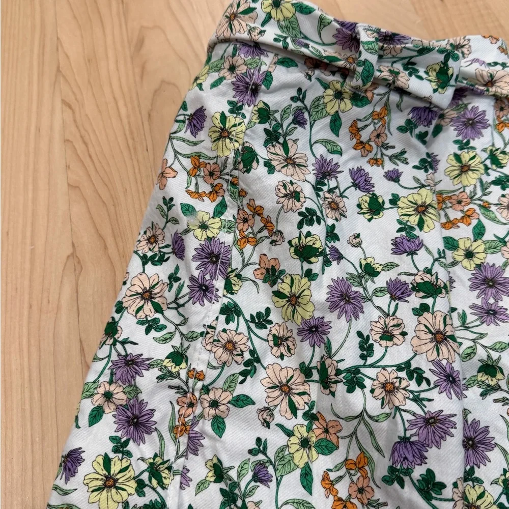 LOFT White Floral Drawstring Mini Skirt with Green, Purple & Orange Accents